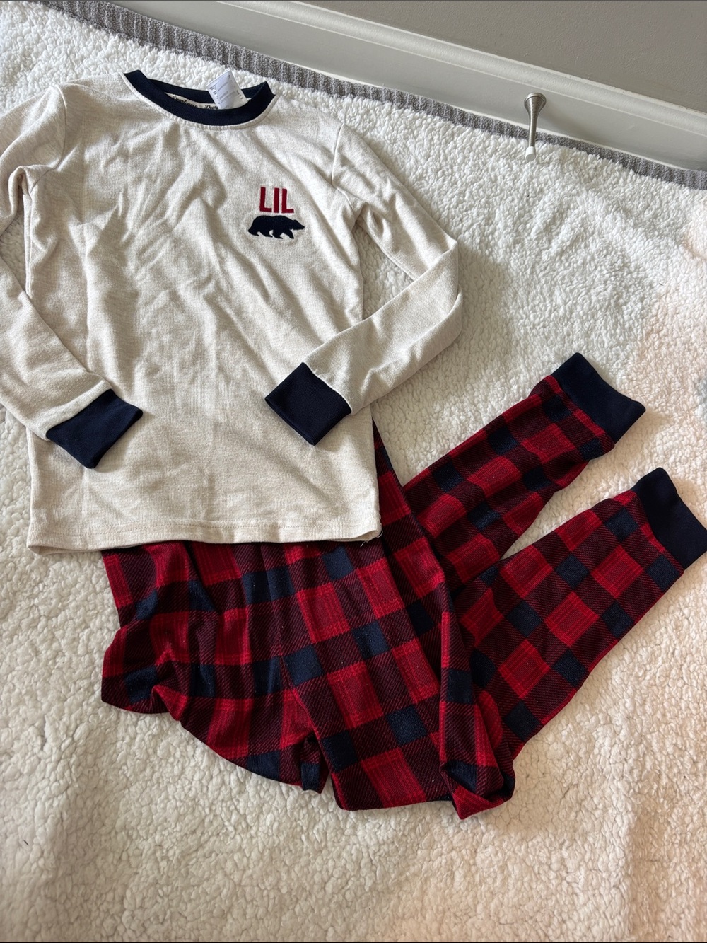 dearfoams Cream Long-Sleeve Top & Red Plaid Pants Kids Pajama Set